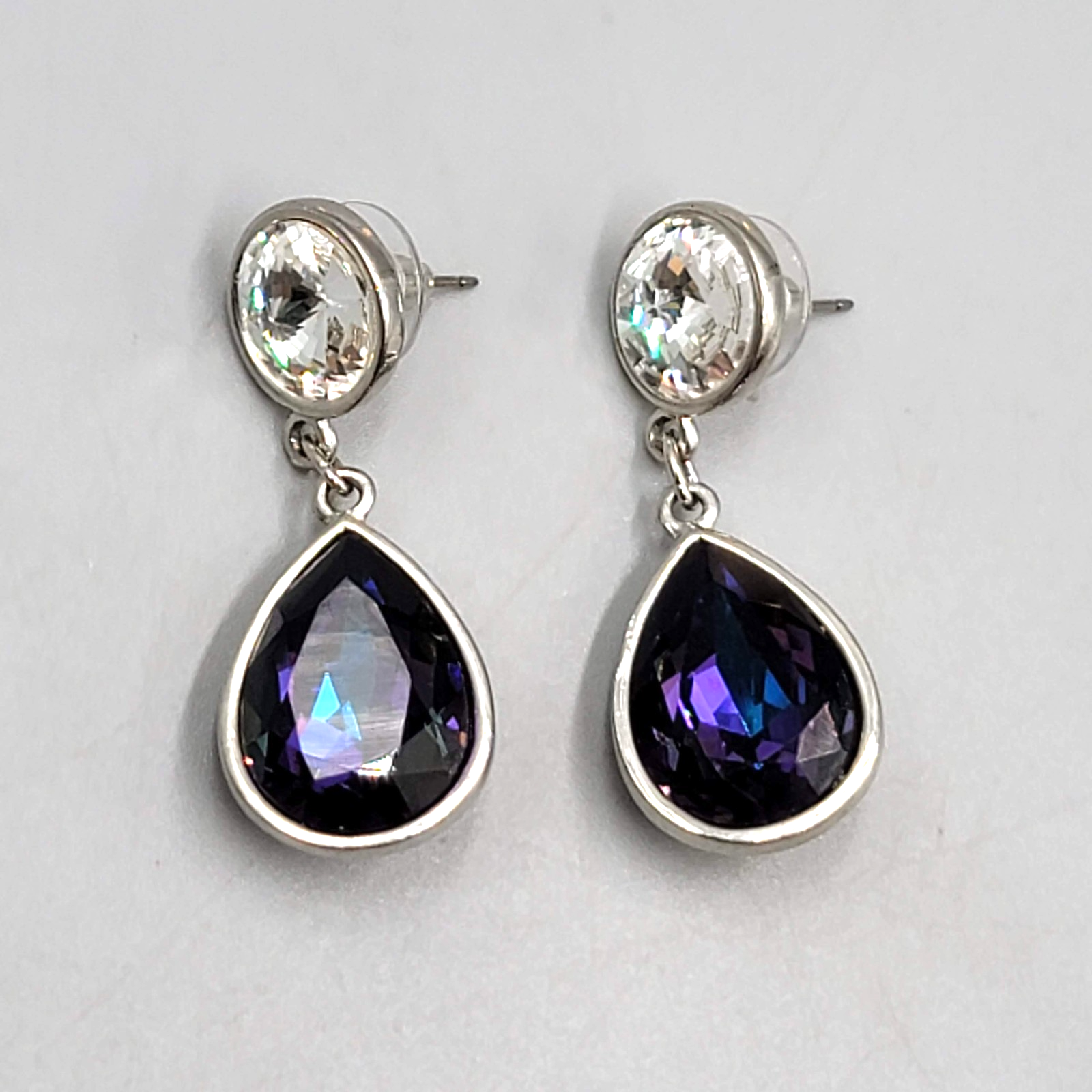 Brilliant Purple Crystal Teardrop Pierced Earrings Silver tone Dangle 1.5"