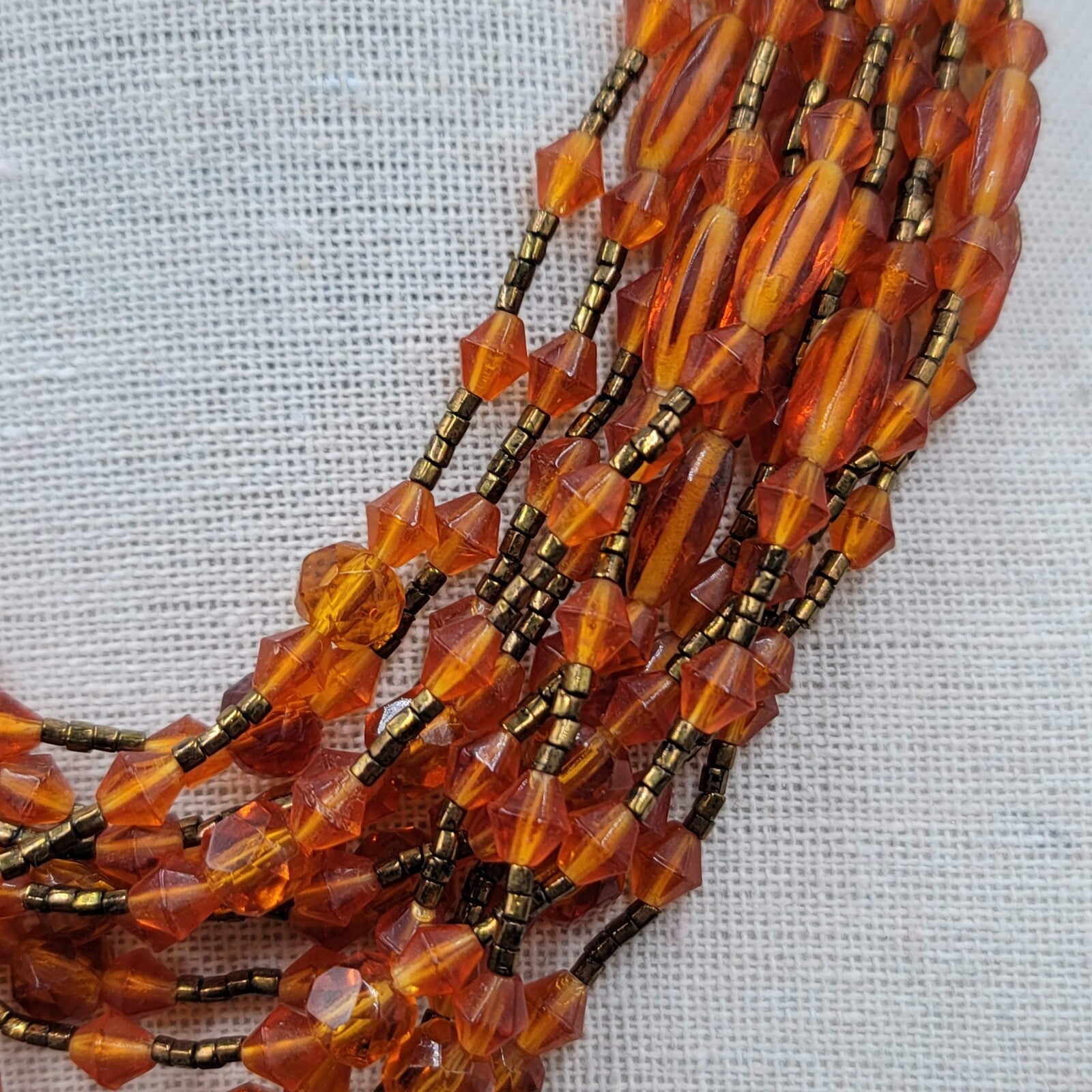 Vtg Japan Orange Glass Beaded Gold Tone Filigree 13 Strand Necklace 13.5"-16"
