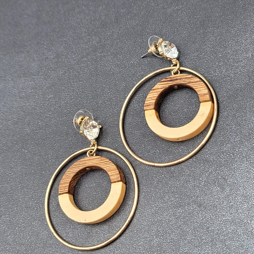 Pierced Earrings Gold tone Wood Rhinestone Hoops Dangle 2 1/4"