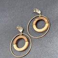 Pierced Earrings Gold tone Wood Rhinestone Hoops Dangle 2 1/4"
