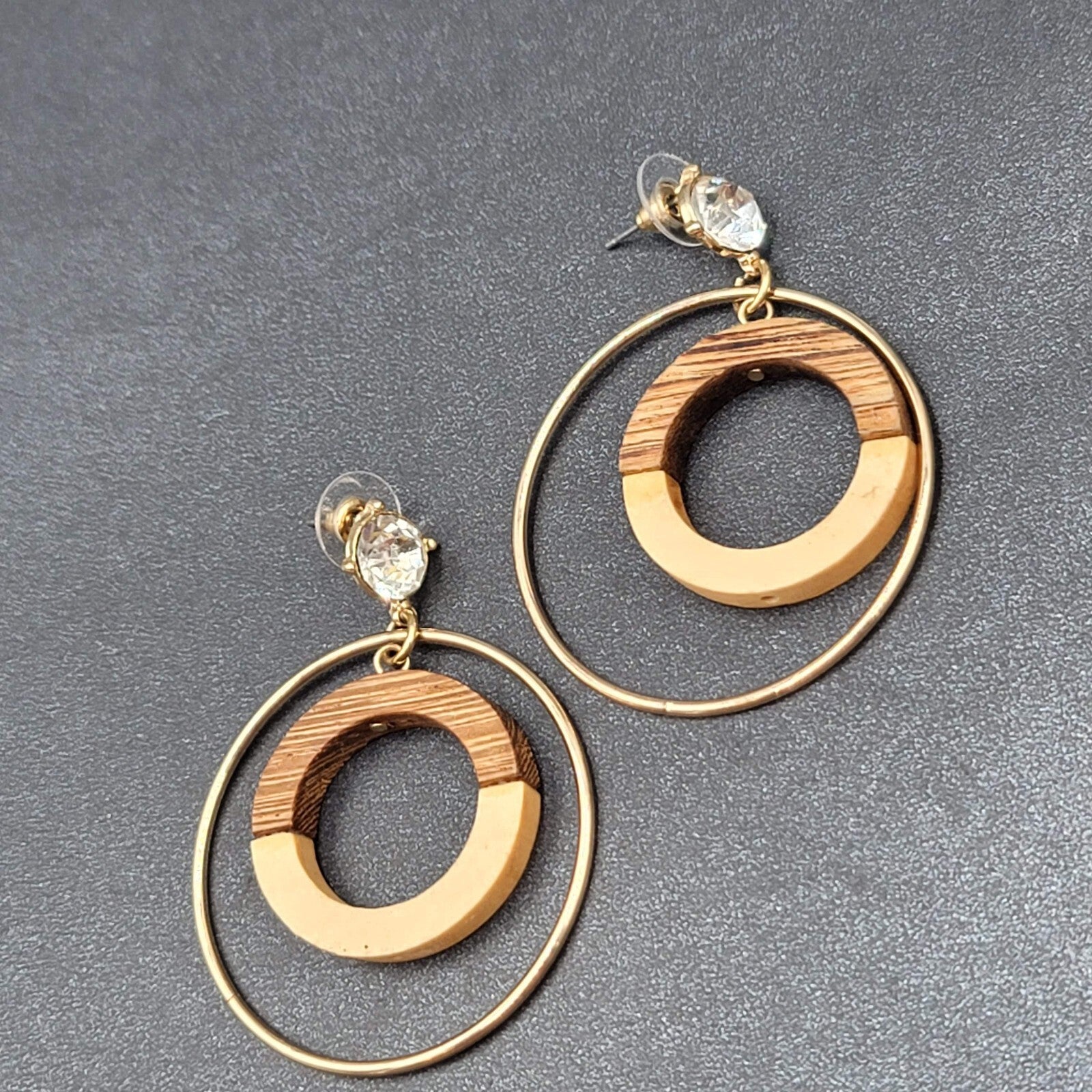 Pierced Earrings Gold tone Wood Rhinestone Hoops Dangle 2 1/4"