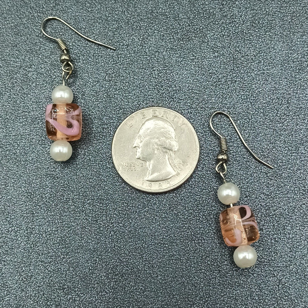 Pierced Earrings Silver tone Pink Art Glass Faux Pearl Asymmetrical Dangle 1"
