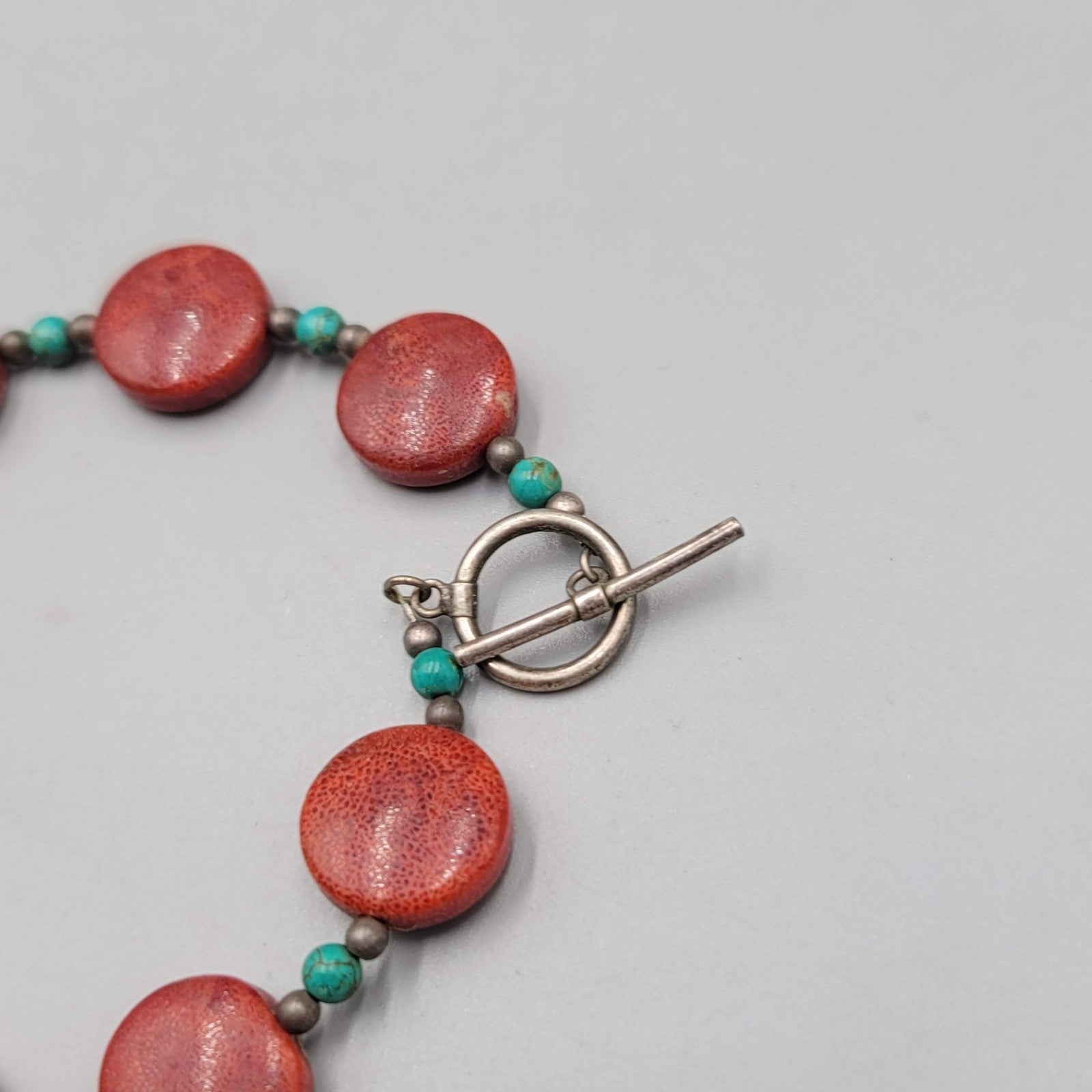Vintage Coral and Turquoise Bead Necklace Silver tone Toggle 18 in