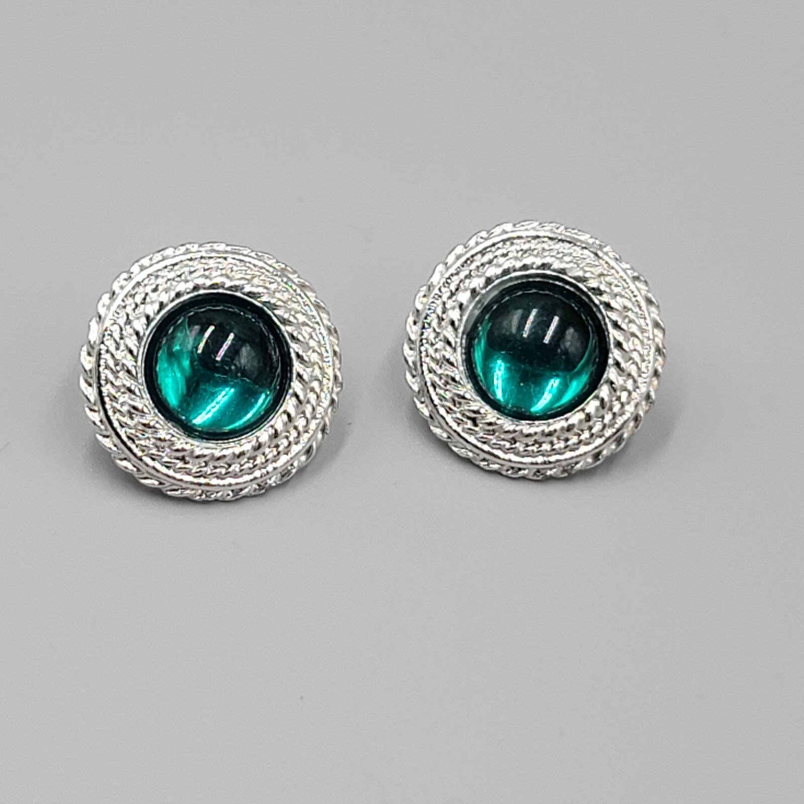 Vintage Pierced Earrings Silver tone Green Moon glow Cabochon 7/8"