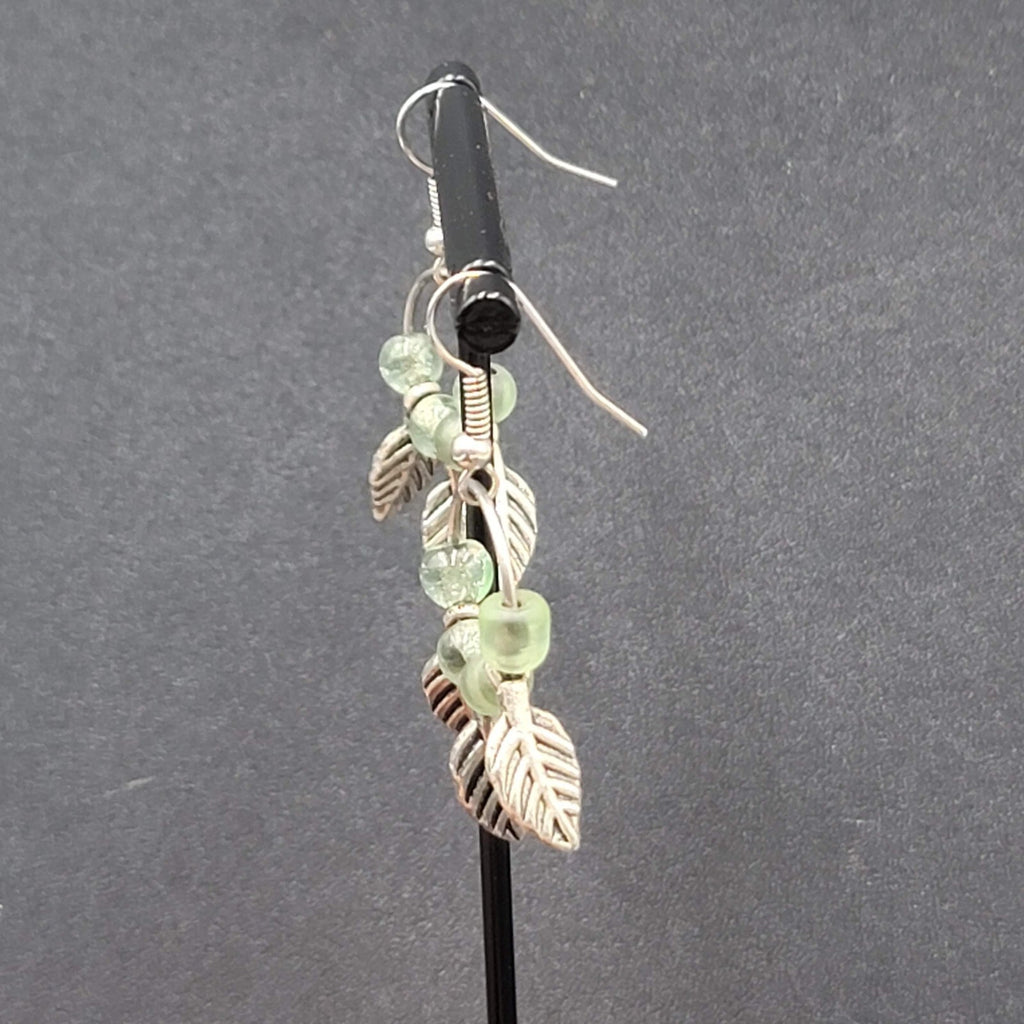 Pierced Earrings Silver tone Green Glass Bead Leaves Dangle  1.25"