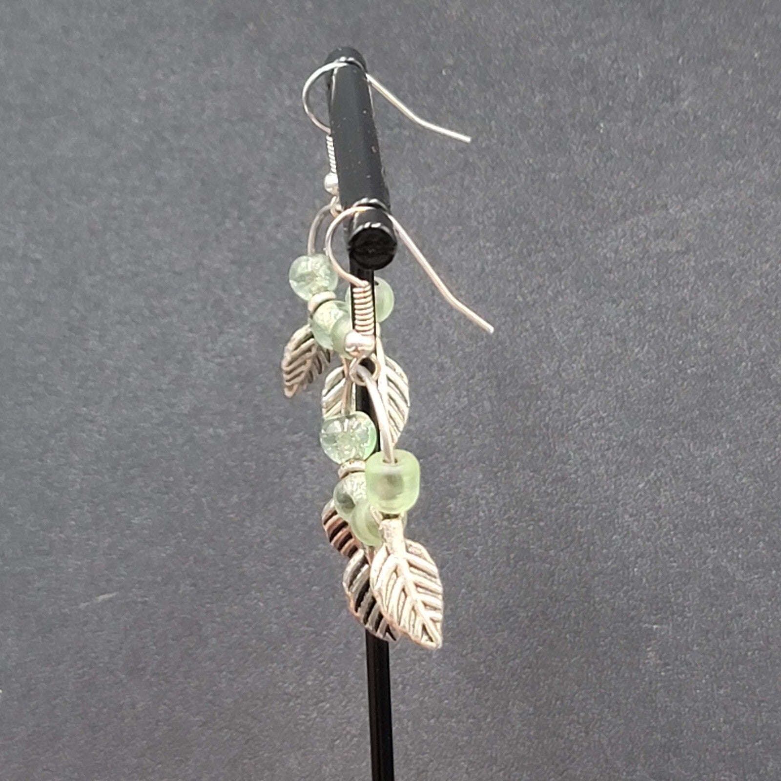 Pierced Earrings Silver tone Green Glass Bead Leaves Dangle  1.25"