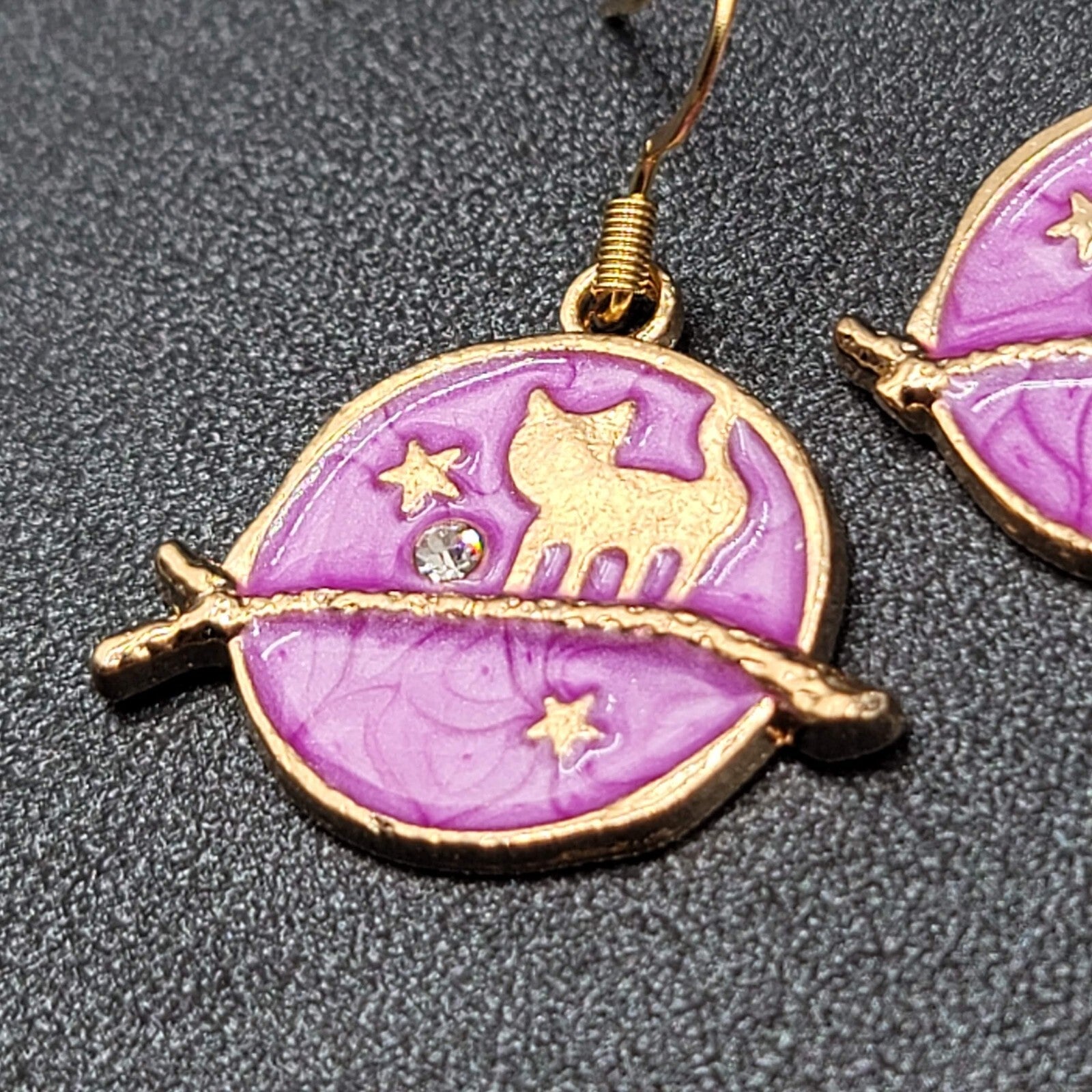 New Cat Pierced Earrings Gold tone Purple Enamel Moon Crystal Dangle 7/8"
