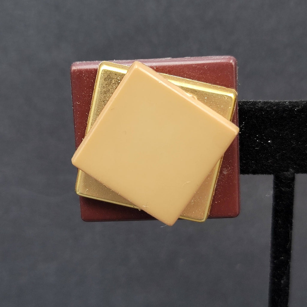Vintage Clip on Earrings Plastic Layered Squares Brown Tan 1.25"