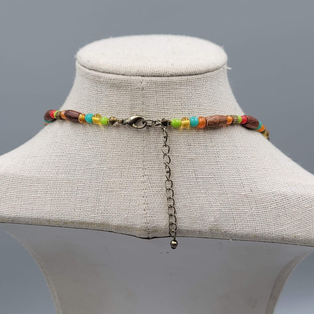 Wood Bead Artisan Necklace Multicolor Glass Spacers 18" Adj