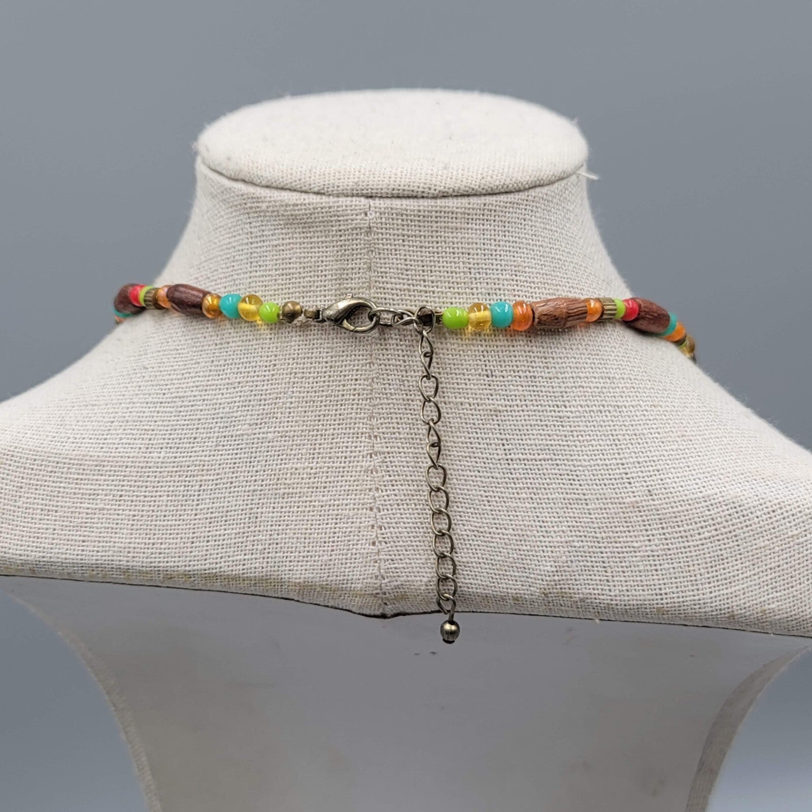 Wood Bead Artisan Necklace Multicolor Glass Spacers 18" Adj