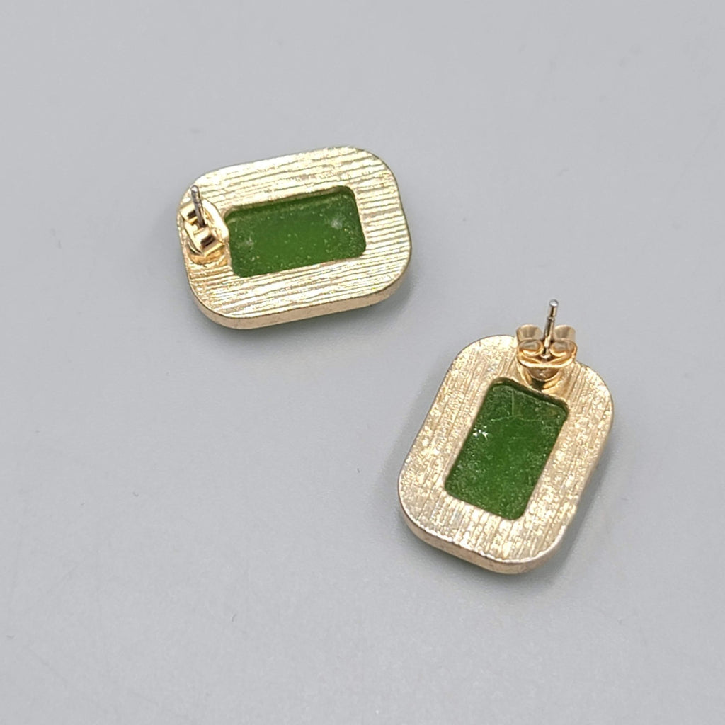 Green Rectangle Faceted Pierced Earrings Gold tone Drop 3/4"