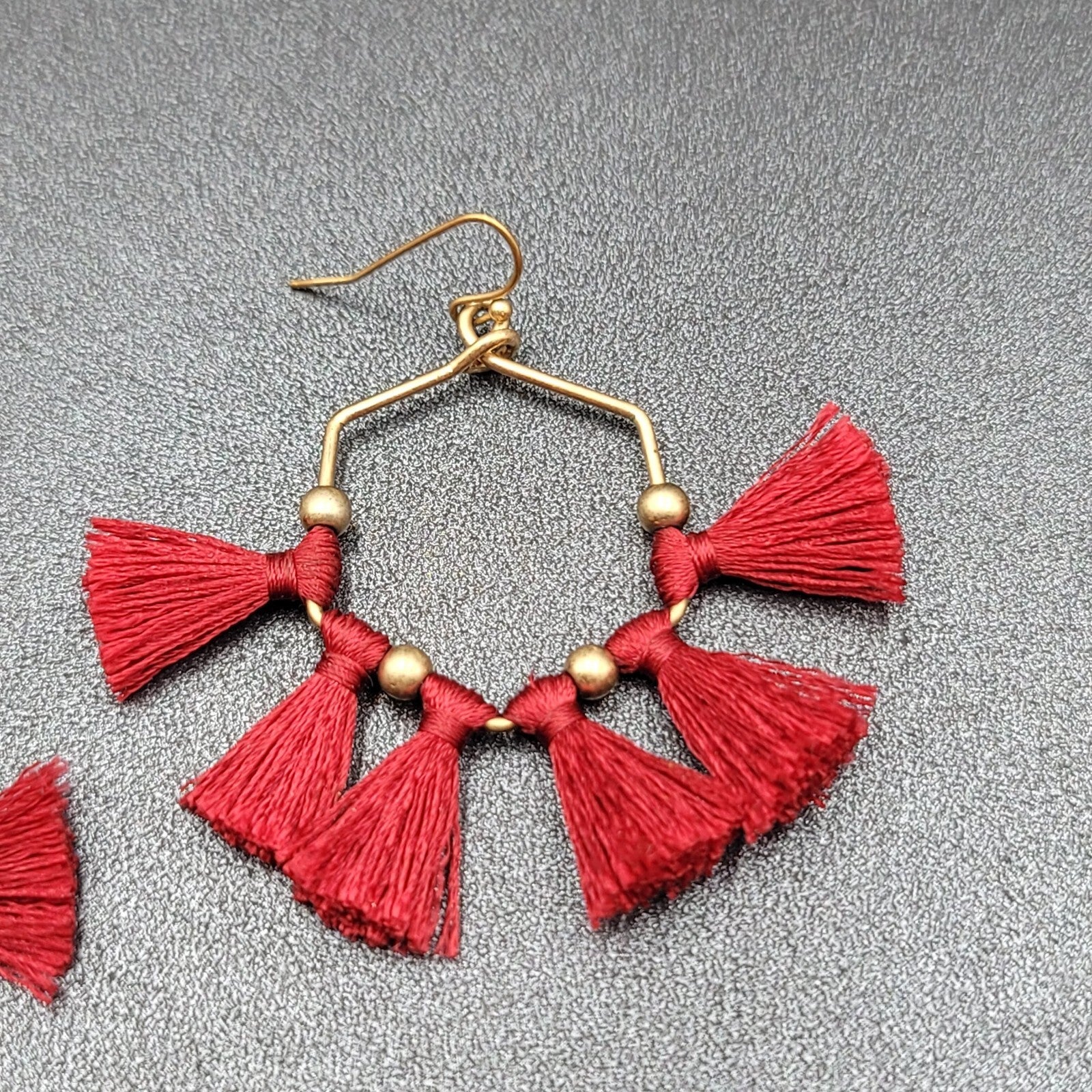 Pierced Earrings Gold tone Red Tassel Fun Fashion Statement Dangle 2"