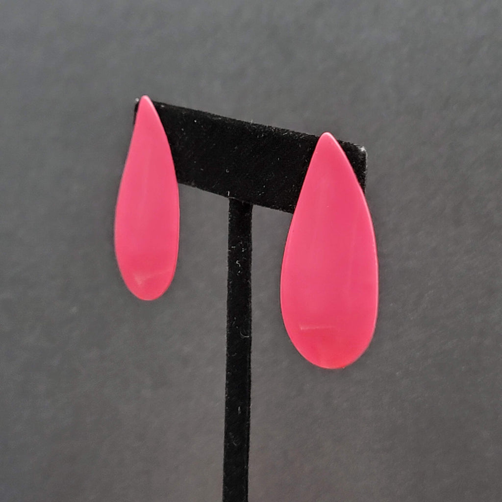 Vintage Pierced Earrings Hot Pink Enamel Long Teardrop 1.5"