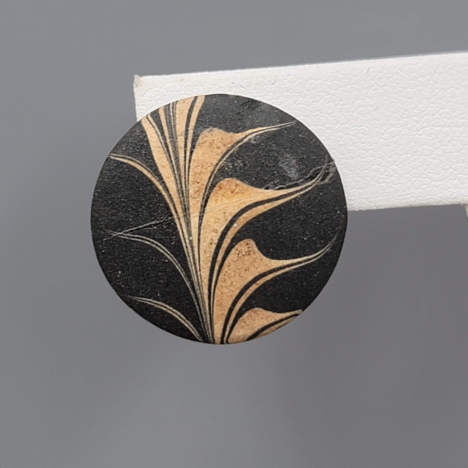 Vintage Ceramic Round Pierced Earrings Black Gold Paint 1"