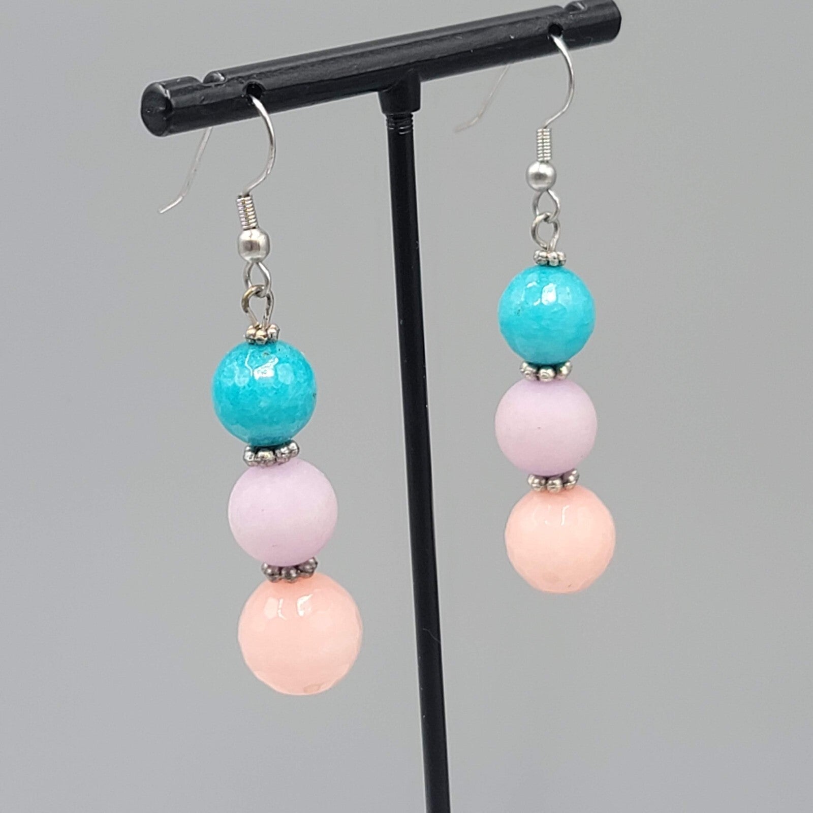 Pink Purple Blue Glass Bead Pierced Earrings Silver tone Dangle 1.5"