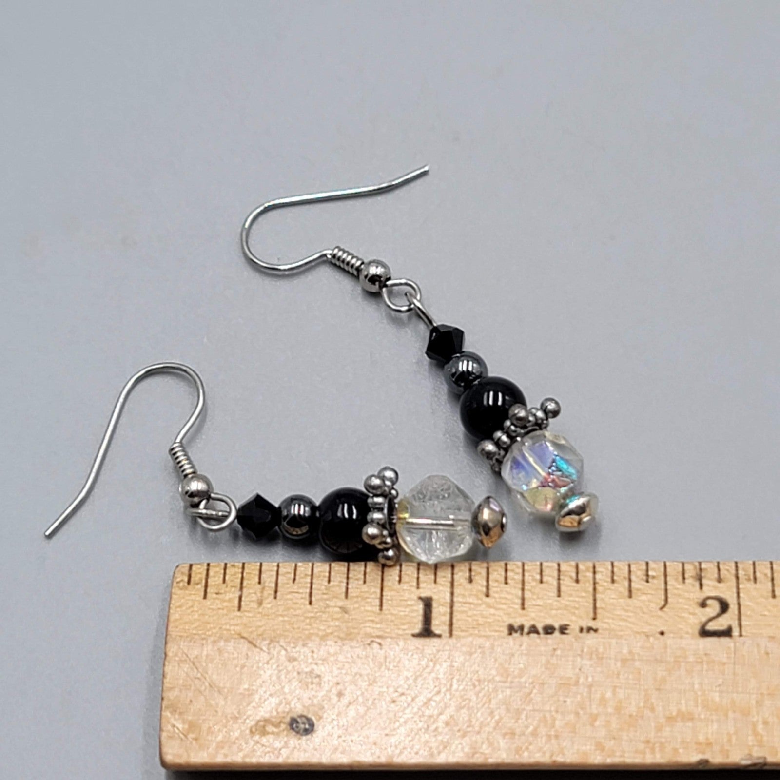 Black Glass AB Crystal Bead Pierced Earrings Silver tone Dangle   1 1/8"