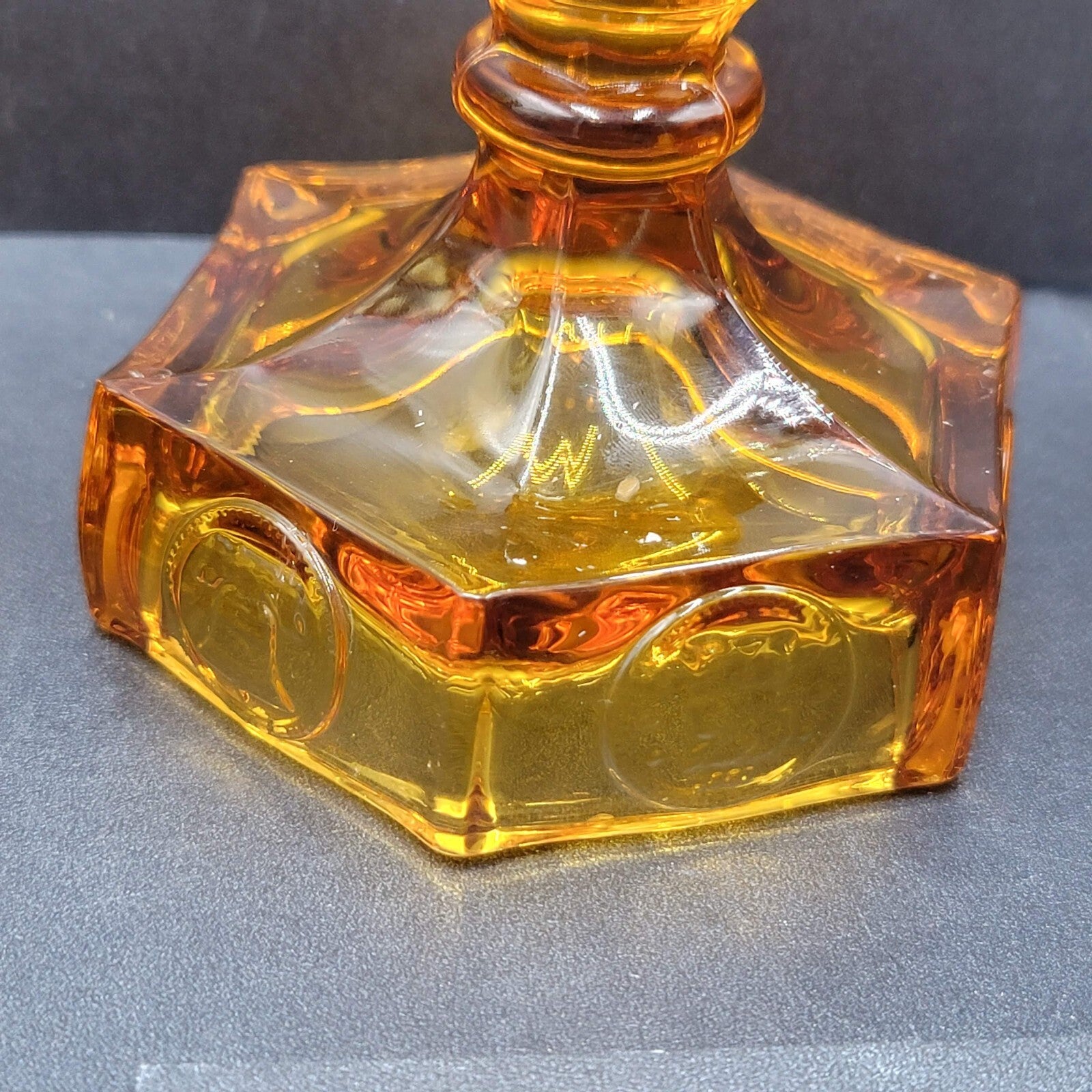 Pair Of Vintage Fostoria Amber Coin Glass Candle Stick Holders