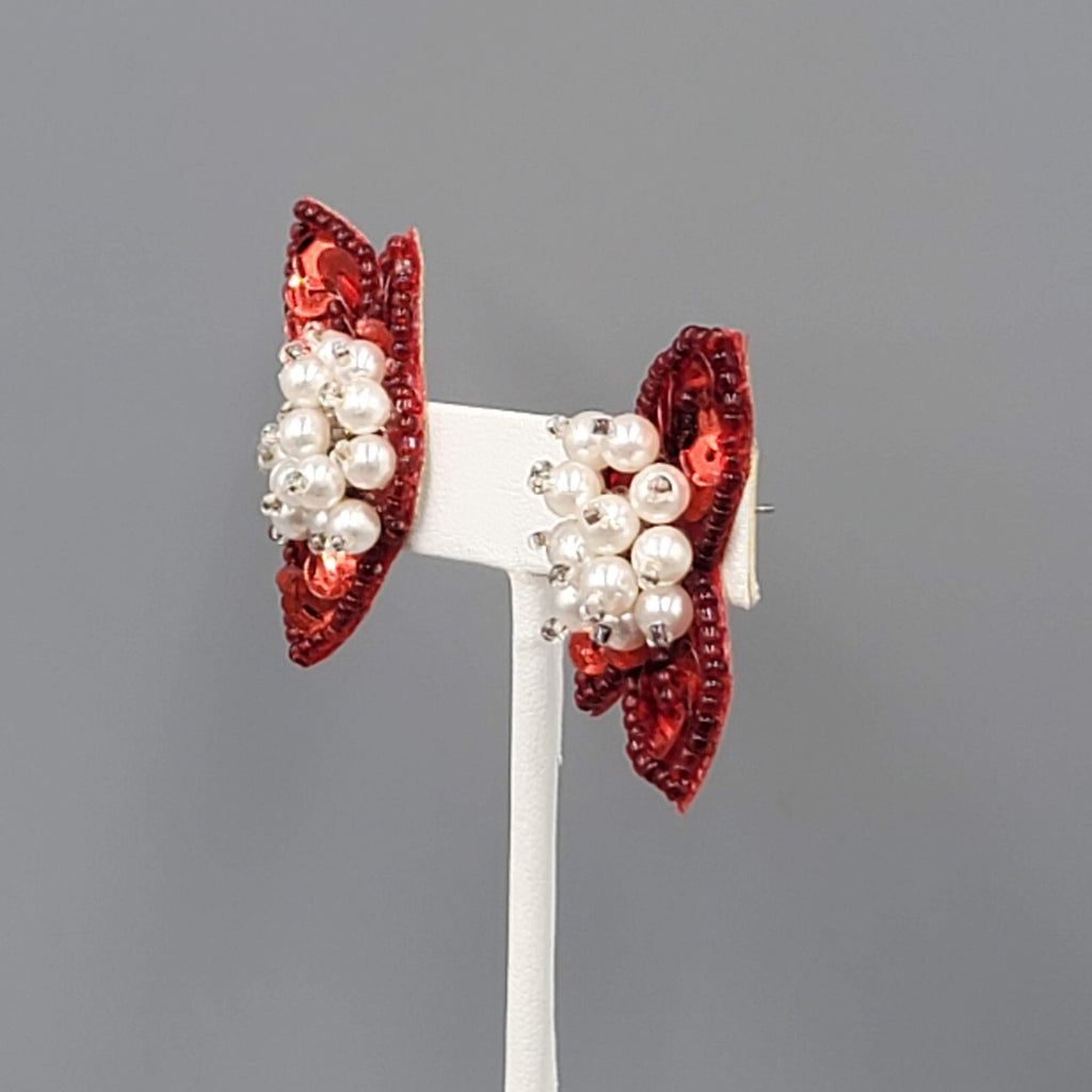 Vintage Red Sequin Statement Pierced Earrings White Bead Drop 1.5"
