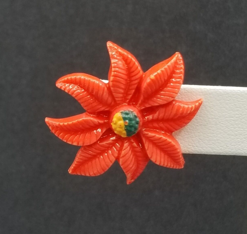 Vintage Clip On Red Acrylic Poinsettia Christmas Stud 1 1/8"