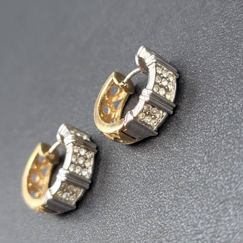 Reversible Pierced Earrings Gold Plated Silver Plated Rhinestone Hoops 5/8"