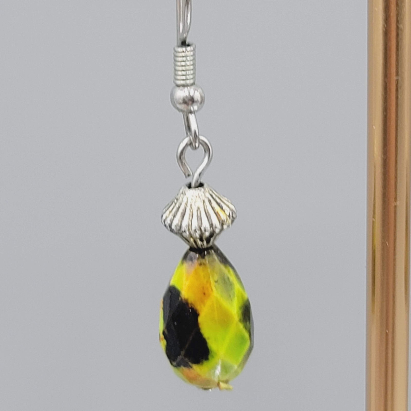 Green Orange Stone Pierced Earrings Faceted Teardrop Bead Silver tone Dangle 1"