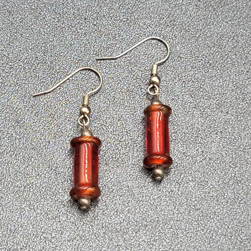 Pierced Earrings Red Cylinder Glass Bead Silver tone Dangle 1"