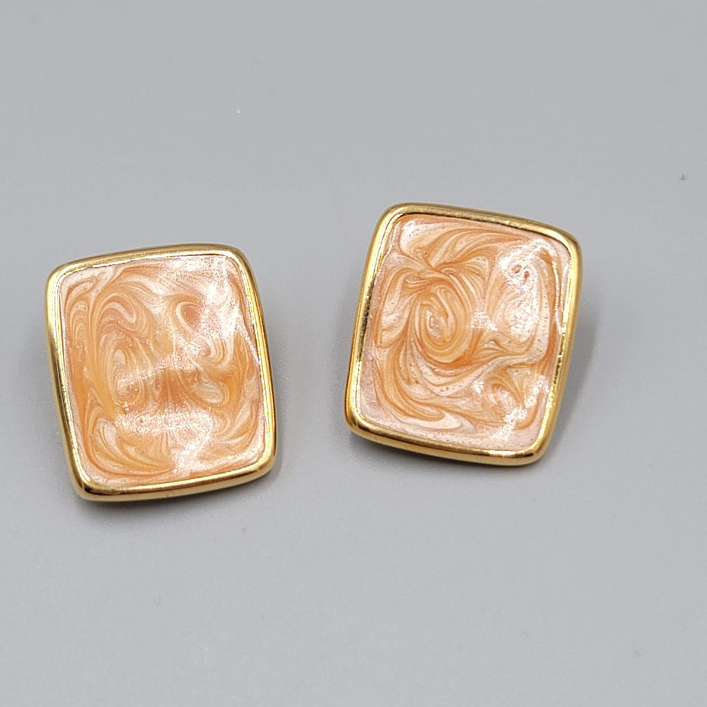 Vintage Monet Clip on Earrings Gold plated Rectangle Peach Swirl Enamel Drop 1"