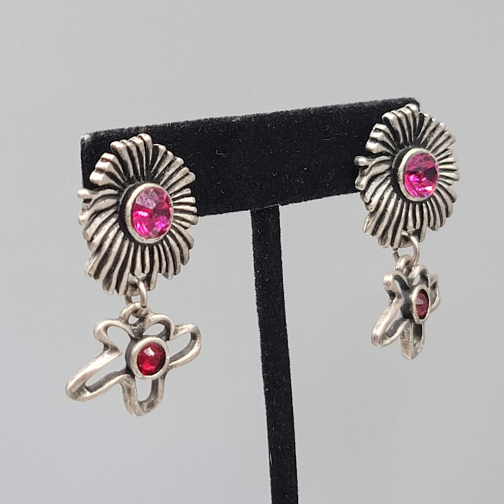 Chicos Flower Pierced Earrings Purple Red Rhinestone Silver tone Dangle 1.5"