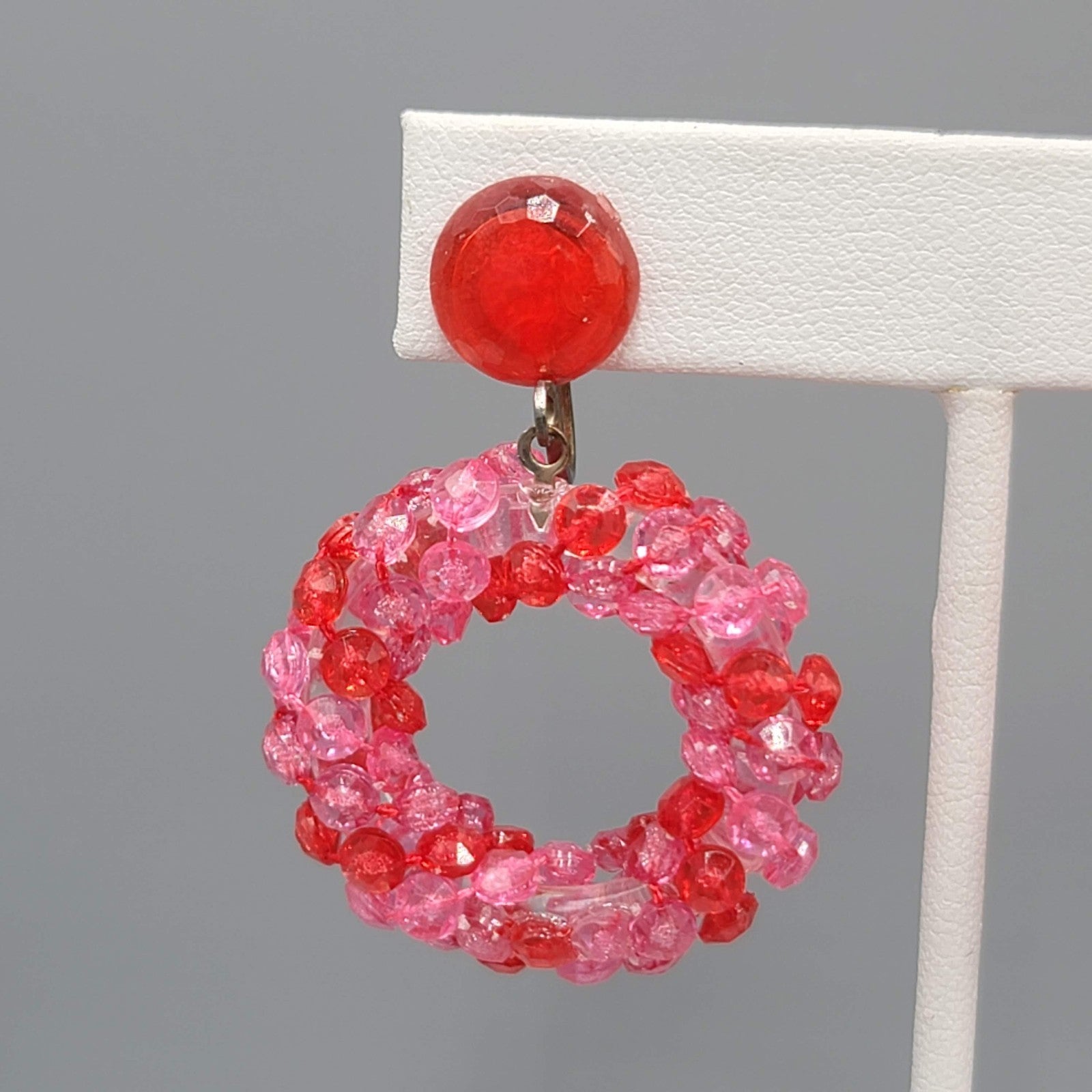 Vintage Pink Bead Wreath Clip on Earrings Dangle 2"