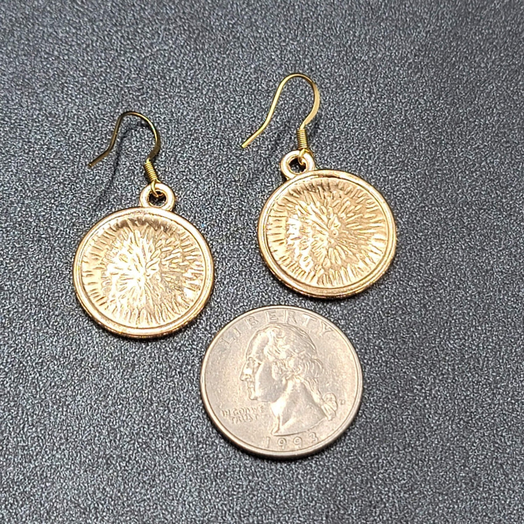 New Round Moon Pierced Earrings Gold tone Purple Enamel Dangle 1"