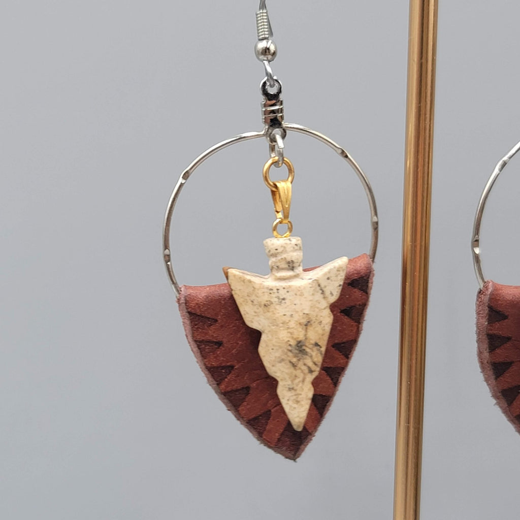 Arrowhead Pierced Earrings Boho Dangle Leather Stone Western Southwestern 2.25"