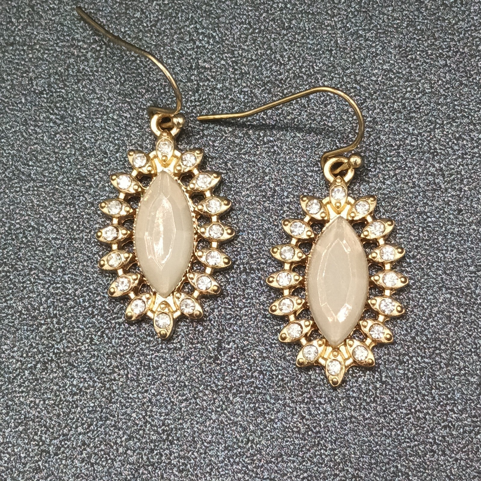 Pierced Earrings Gold tone Acrylic Center Crystal Studded Dangle 1"