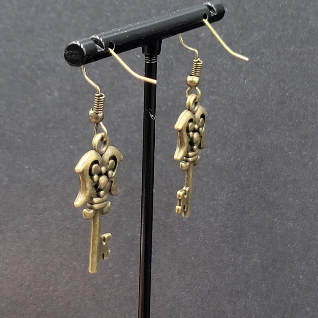 Fancy Skeleton Key Pierced Earrings Bronze tone Dangle NEW  1 1/8"