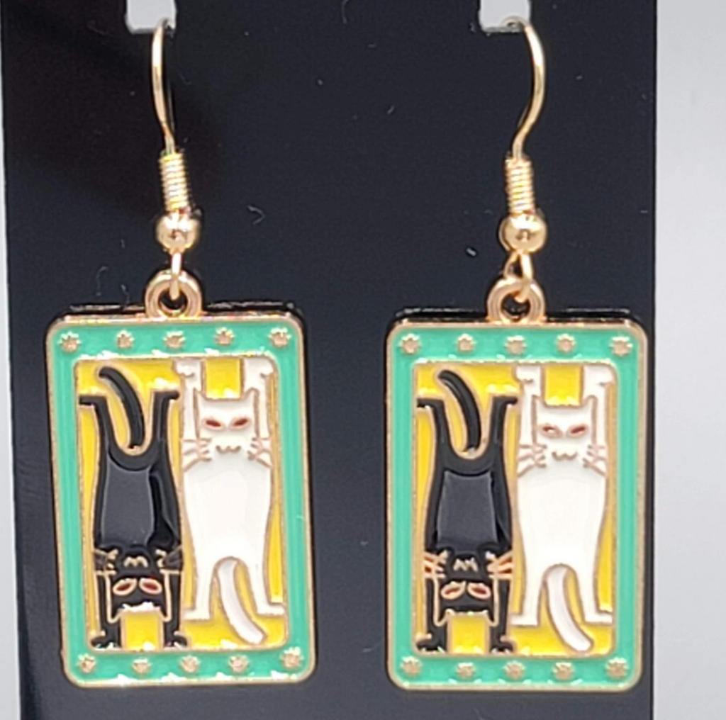 Kitty Cat in the Sun Enamel Pierced Earrings Gold tone Dangle 1 1/8"