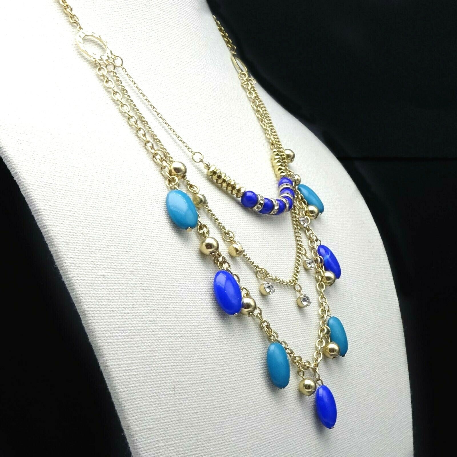 Signed VCLM Necklace Gold tone Multi Layer Blue Bead Chain Long 28" - 31"