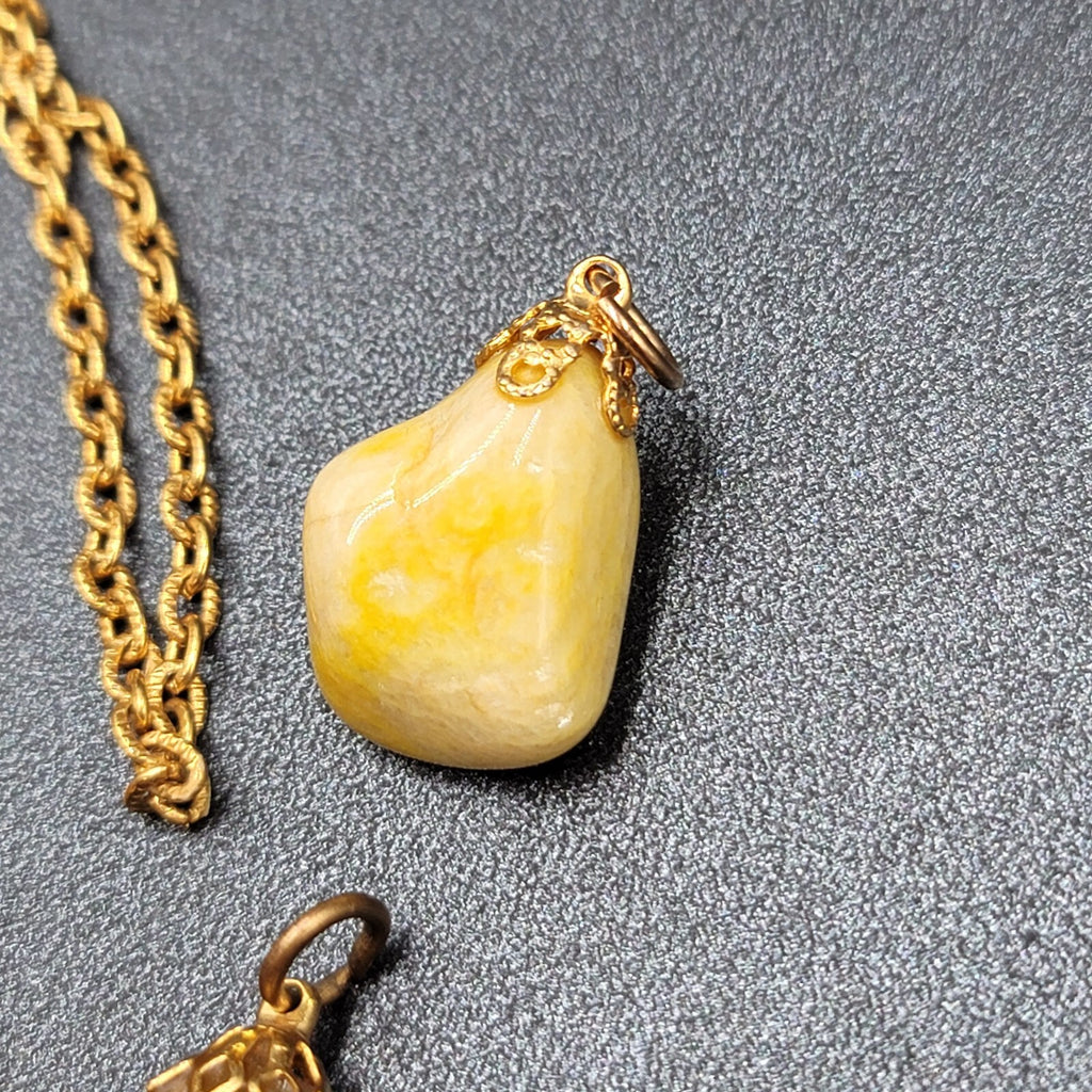 Vintage Agate Stone Gold Tone Chain Polished 3 Pink Brown Yellow Pendants 24"