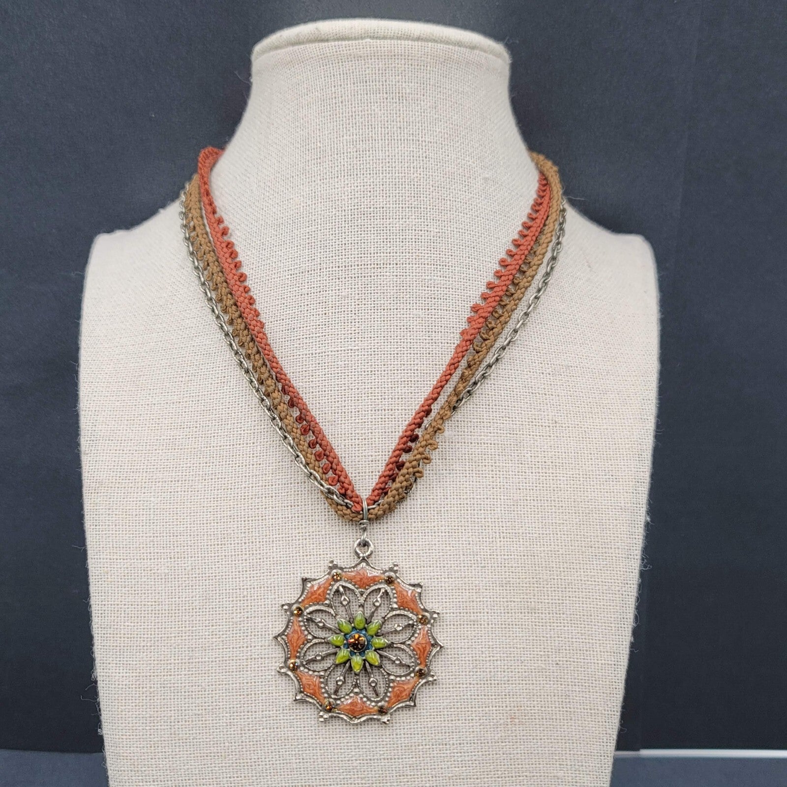 Boho Enamel Pendant Necklace Triple Strand Cord Chain 14"-16" Small
