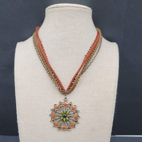 Boho Enamel Pendant Necklace Triple Strand Cord Chain 14"-16" Small