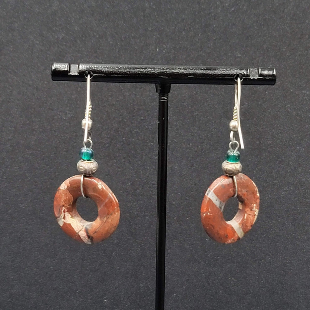 Pierced Earrings Red Agate Circle Bead Dangle Silver tone 1 1/8"