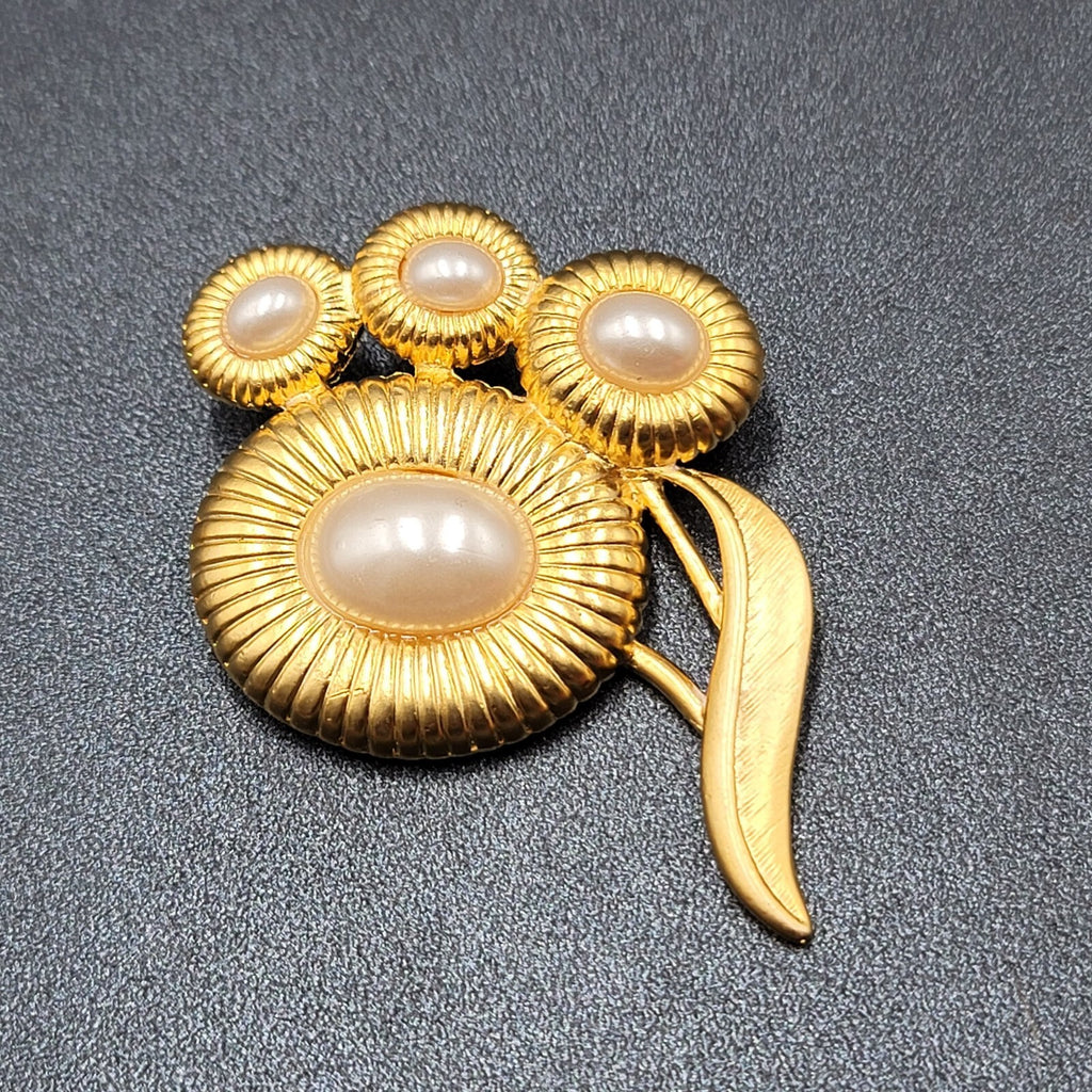 Vintage Brooch Matte Gold Plated Faux Pearl Flower 2.75"