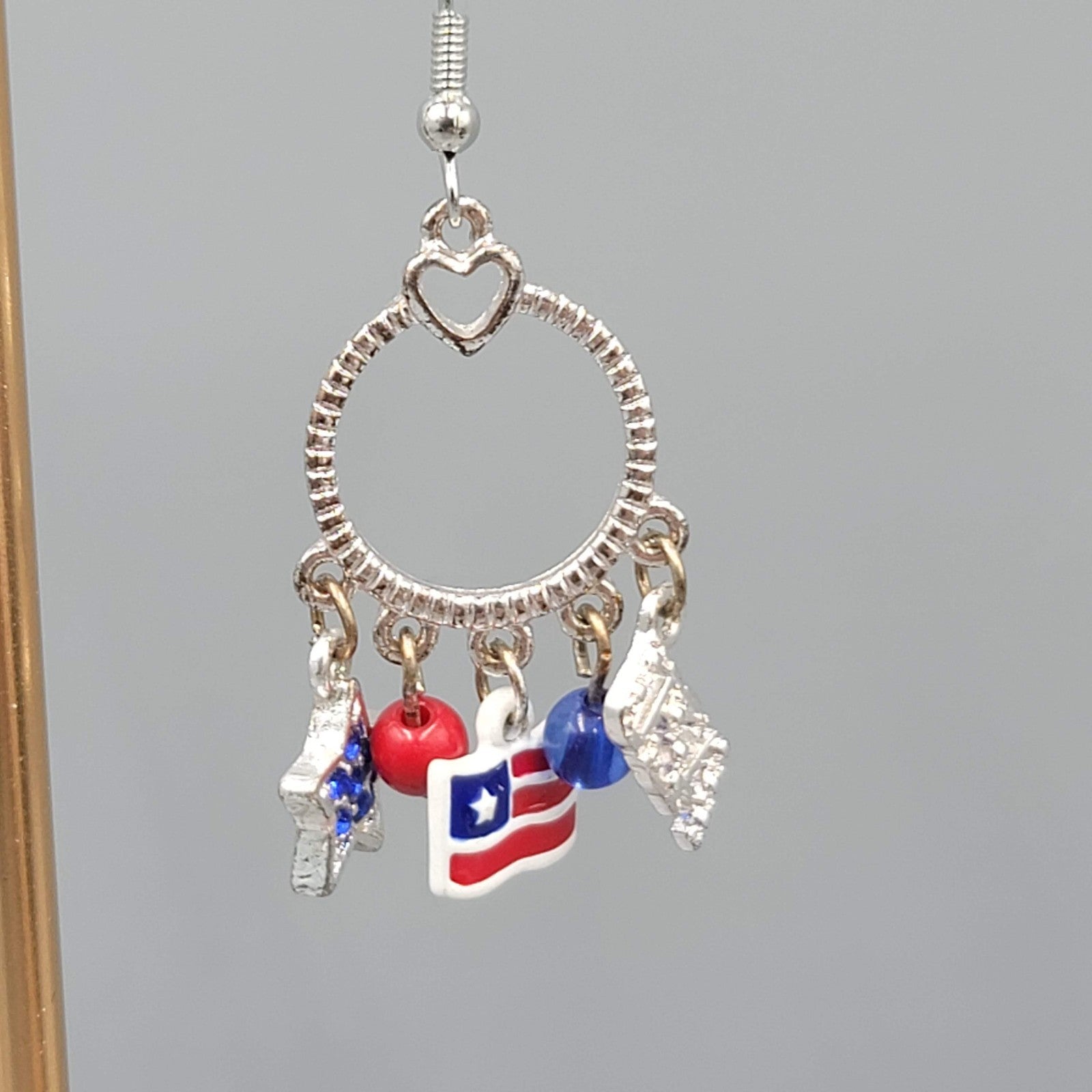 Patriotic Pierced Earrings Silver tone Dangle  USA Flag Enamel 1.25"