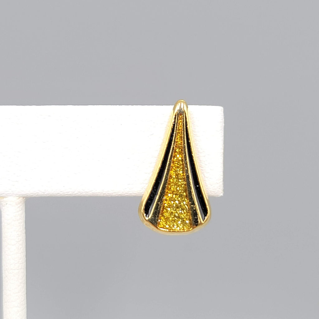 Vintage Clip on Earrings Glitter Gold tone Black Enamel Drop 3/4"