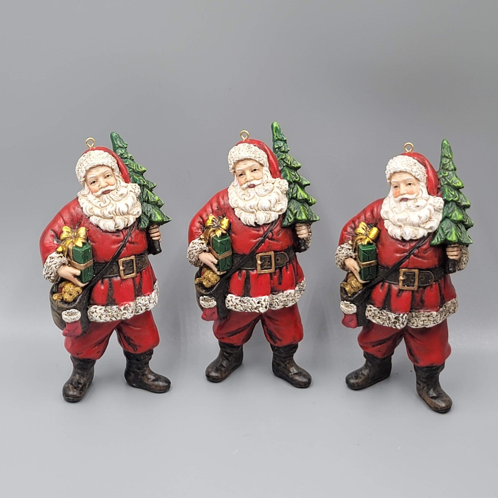 Lot of 3 Santa Claus Resin Christmas Tree Ornament 4.5" Presents Teddy Bear