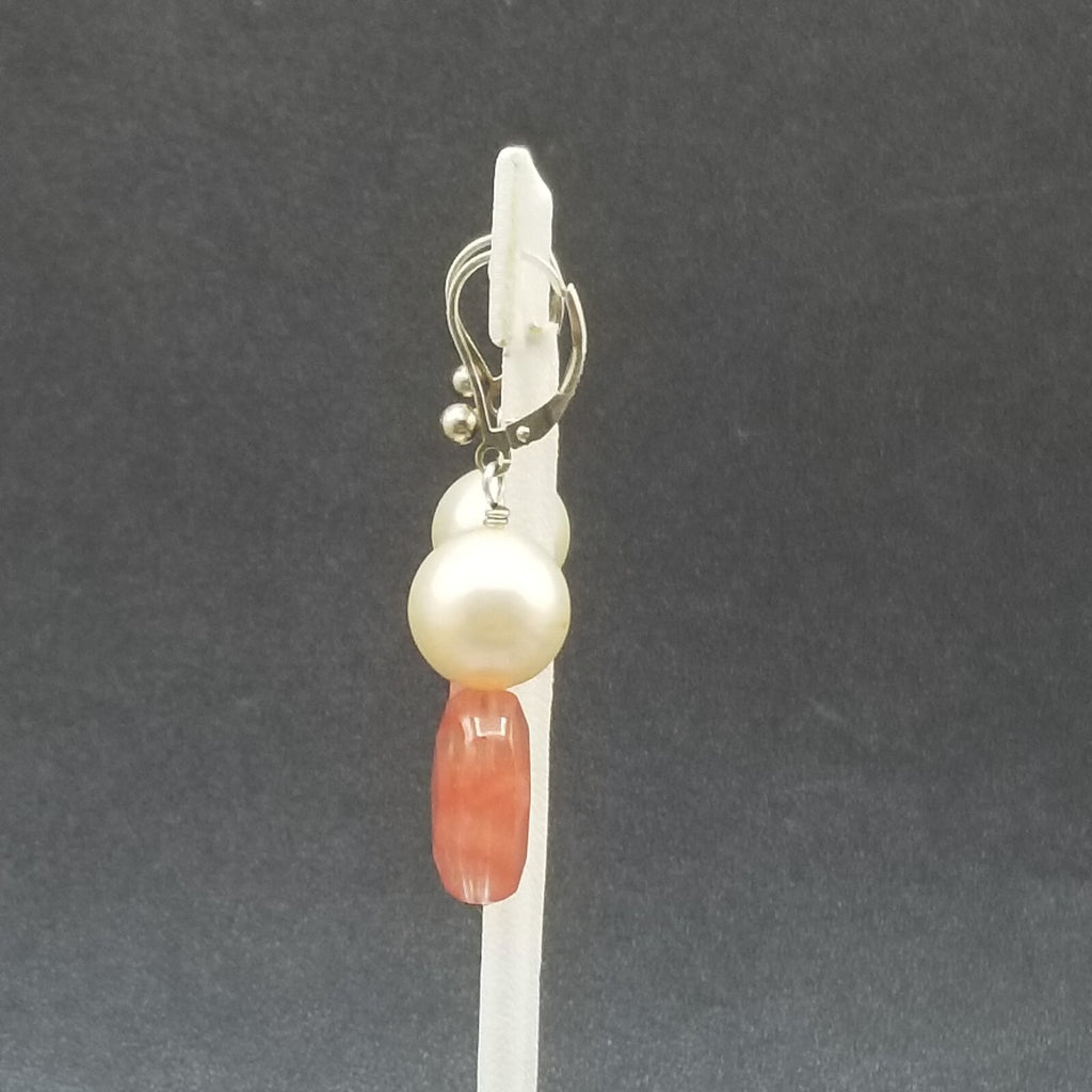 Pierced Earrings Silver tone Faux Pearl Faceted Quartz Beaded Dangle 1 1/4"