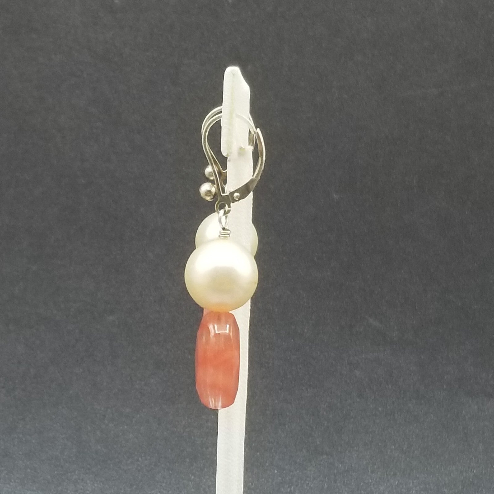 Pierced Earrings Silver tone Faux Pearl Faceted Quartz Beaded Dangle 1 1/4"