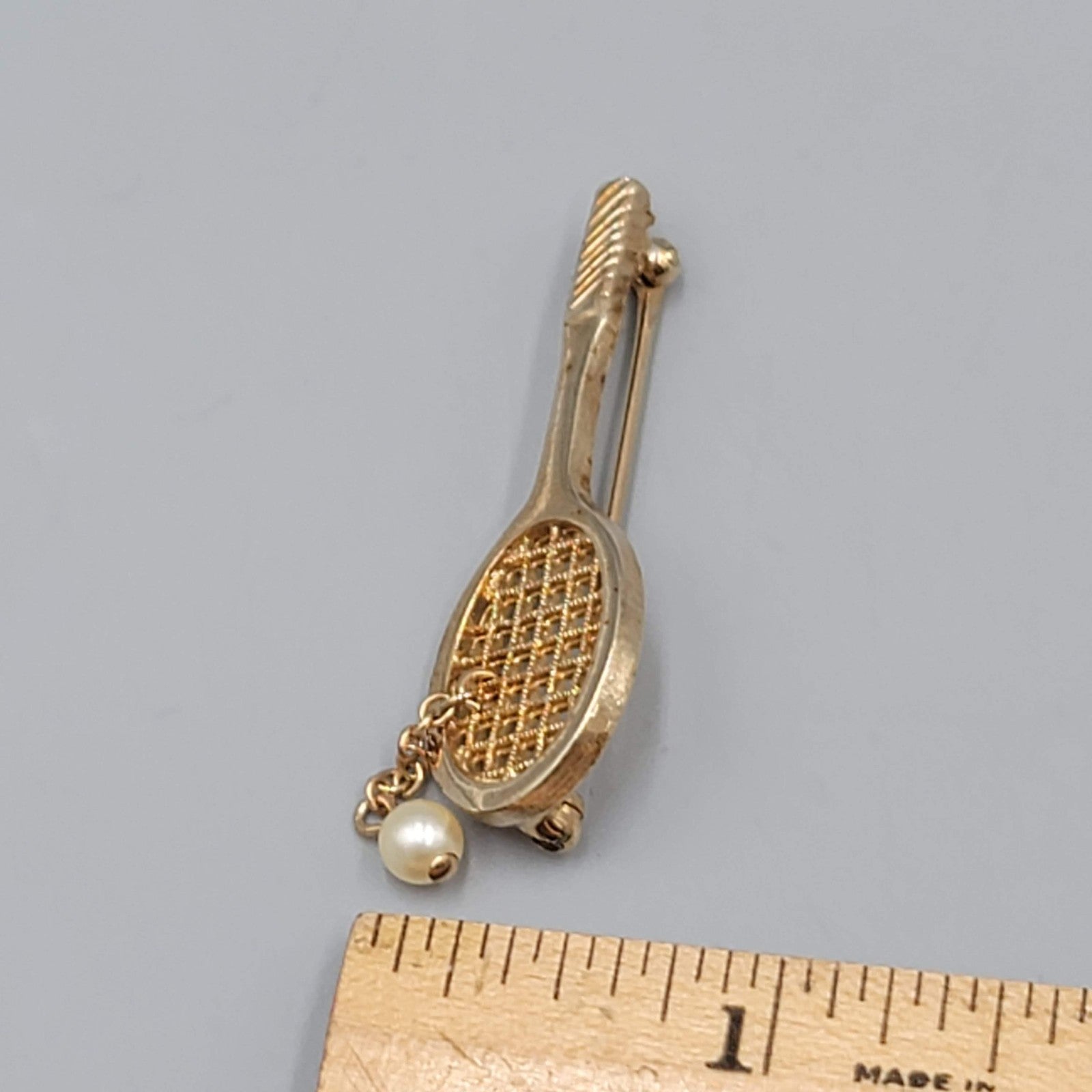 Vintage Avon Tennis Racquet Brooch Faux Pearl Dangle Gold tone 