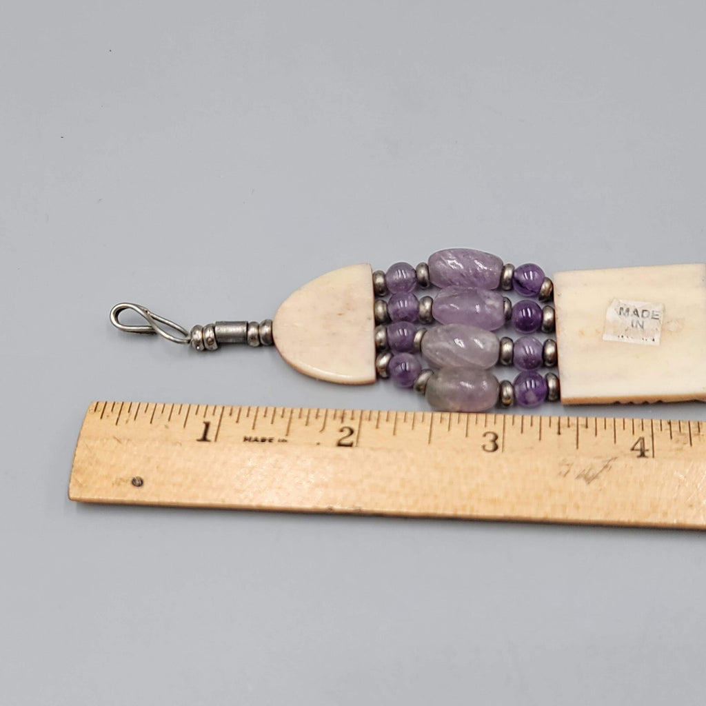 India Bracelet Hand Carved and Purple Amethyst Beads Silver tone 7 in