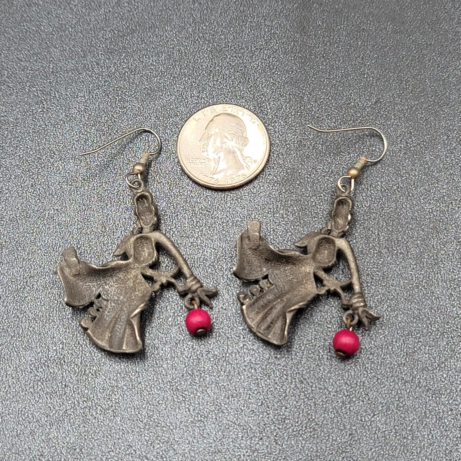 Vintage Dancer Pierced Earrings Lady Pewter Rhinestone 1.75"