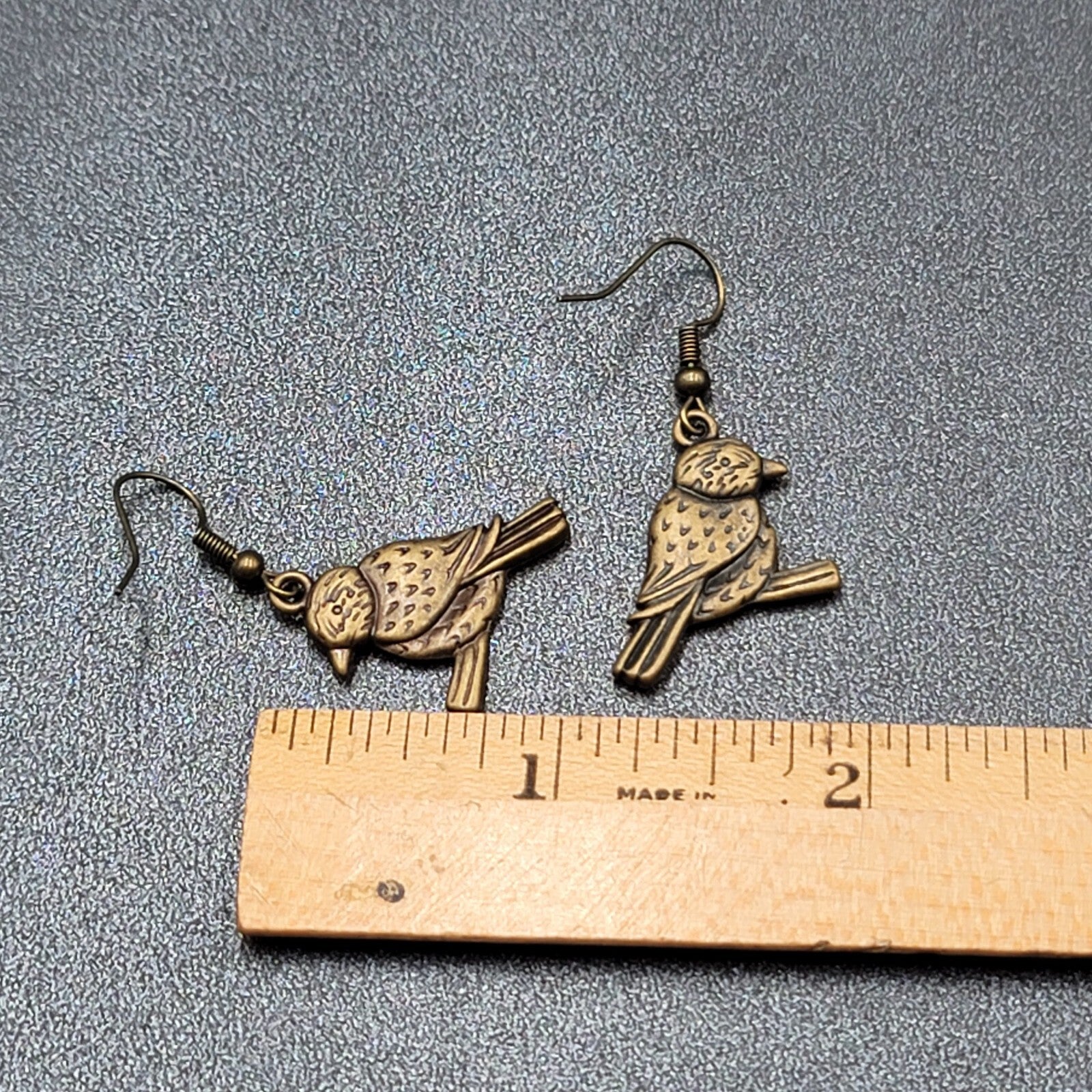 Bird on Perch Pierced Earrings Bronze tone Embossed Dangle 1"