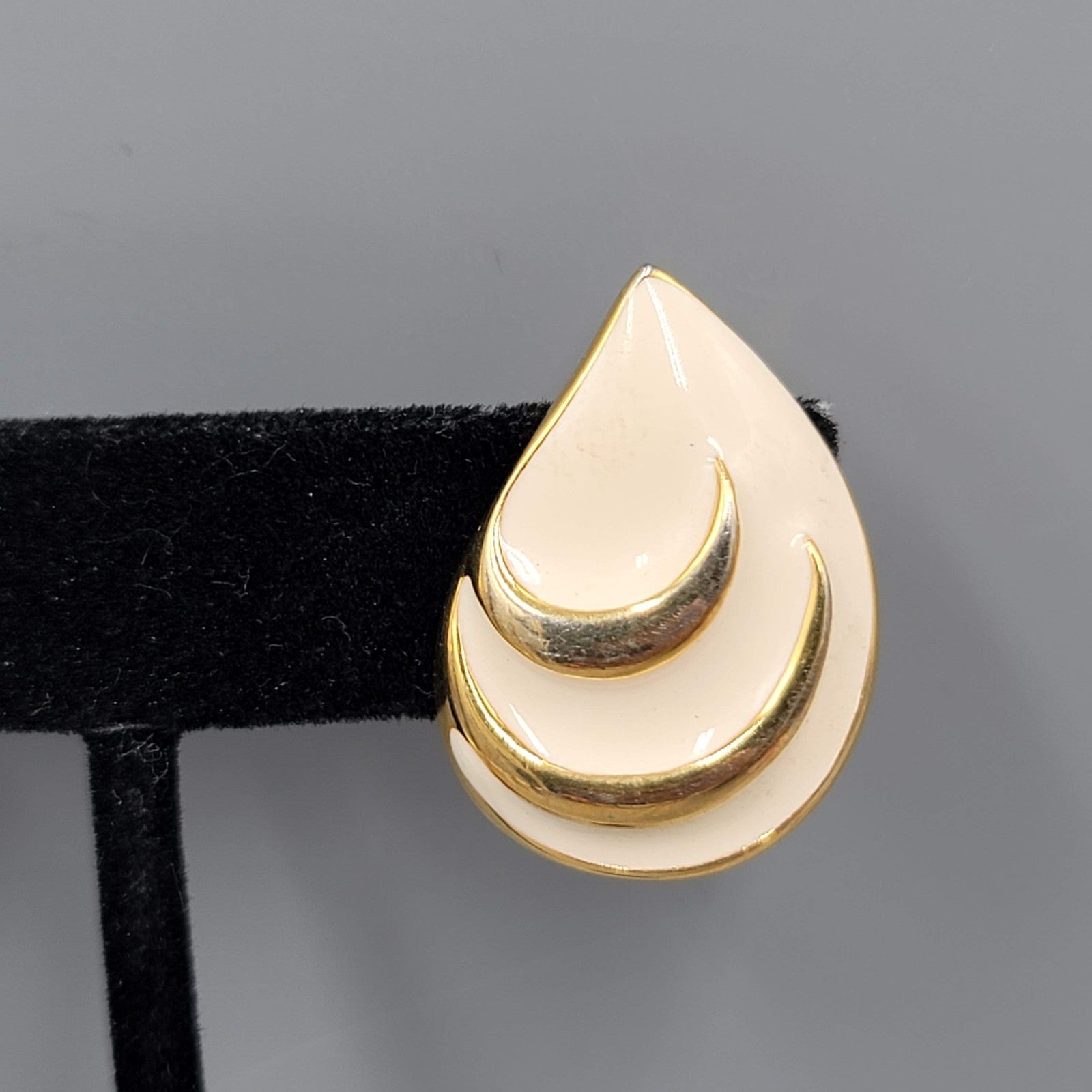 Vintage White Enamel Clip on Earrings Gold Plated Drop Signed JS 1 1/8"